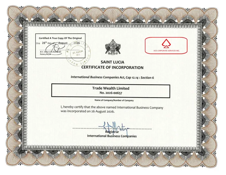Certificate of Incorporation issued by the Registrar of International Business Companies, Saint Lucia